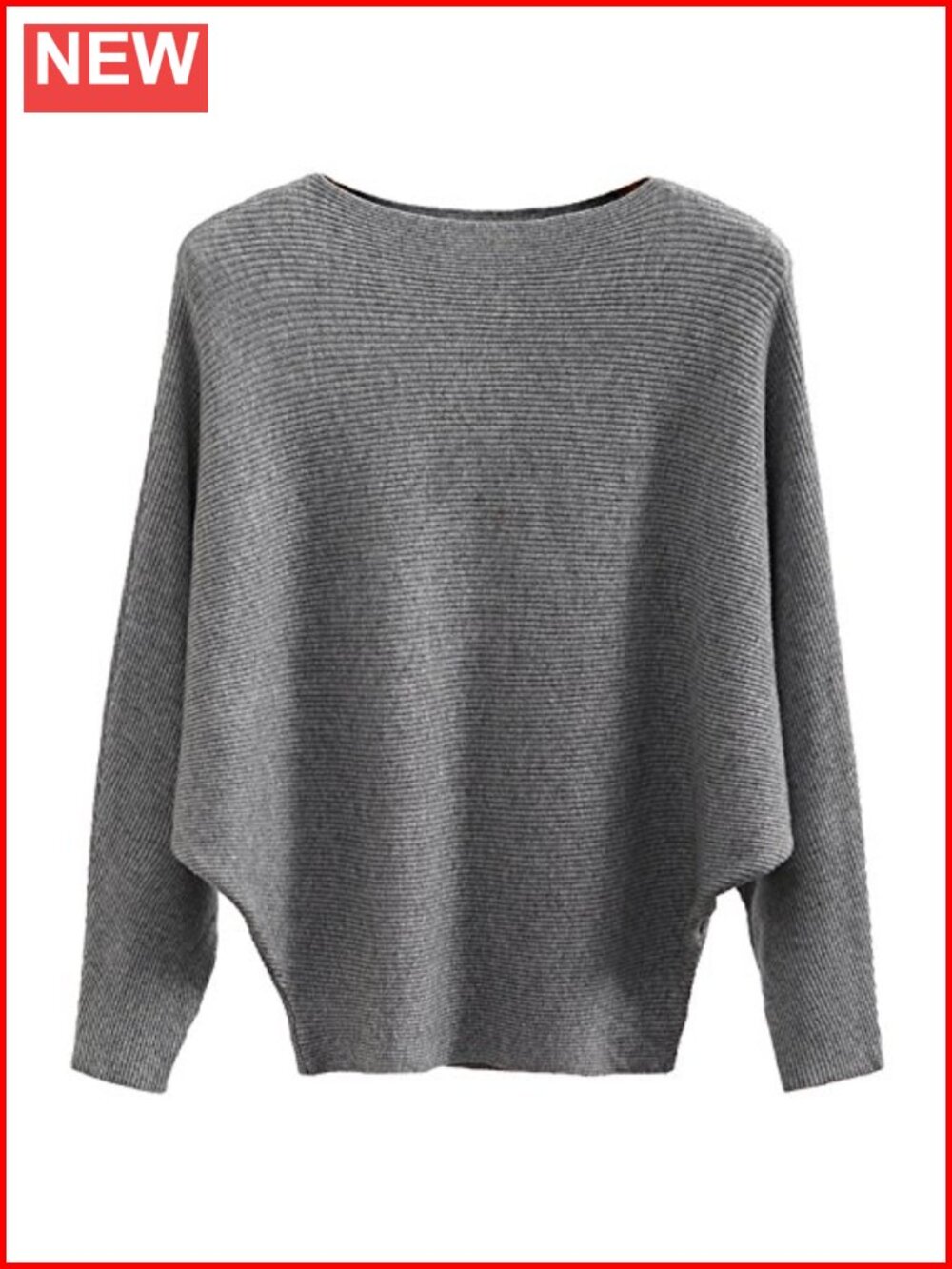 Oversized Ribbed Knit Sweater Boat Neck Batwing Sleeve Pullover